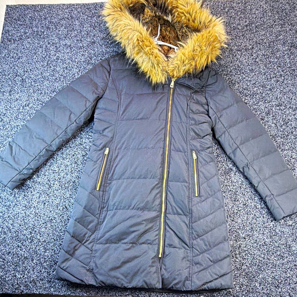 Cole Haan Signature Women's Gray Long Hooded Faux Fur Trim Puffer Coat XS